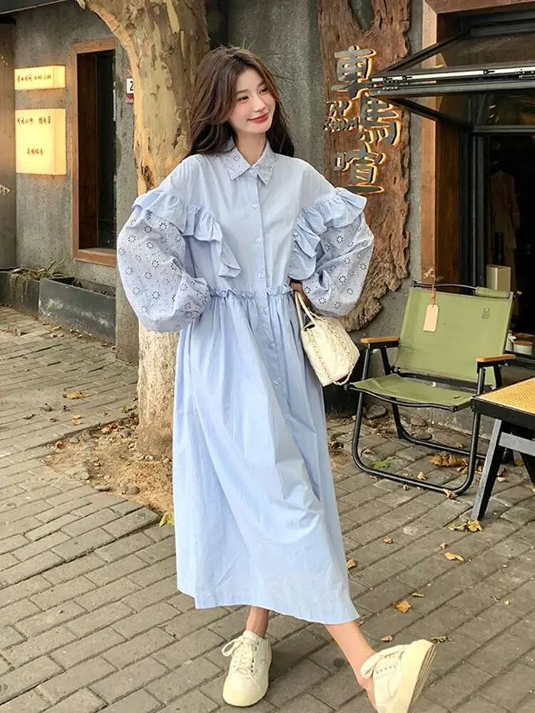 LANMREM Solid Color Casual Women's Dress Lapel Single Breasted Patchwork Ruffled Long Dresses Fashion 2025 Spring New 2DE196
