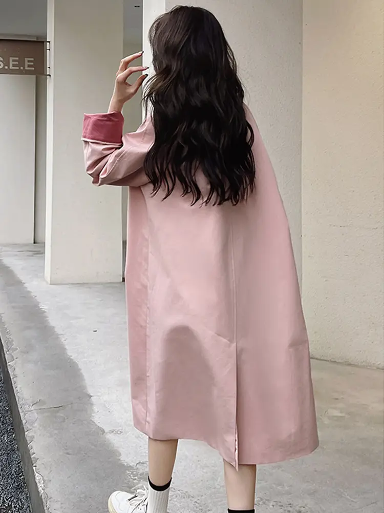 LANMREM Contrasting Color Windbreaker For Women Lapel Long Sleeves Single Breasted Mid Length Trench Coat 2025 Spring 2DA8980