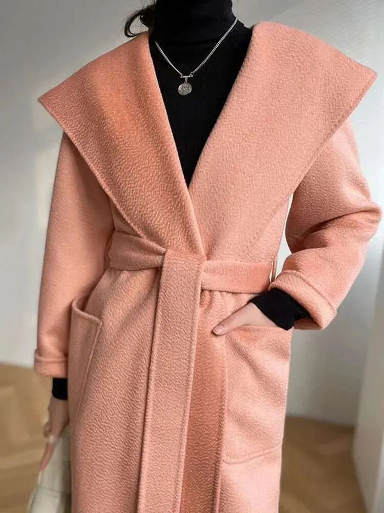LANMREM Double-sided Woolen Coat Wool Loose Hooded Coats With Belt Female Fashion 2025 Spring Winter New Warm Clothing 2R4922