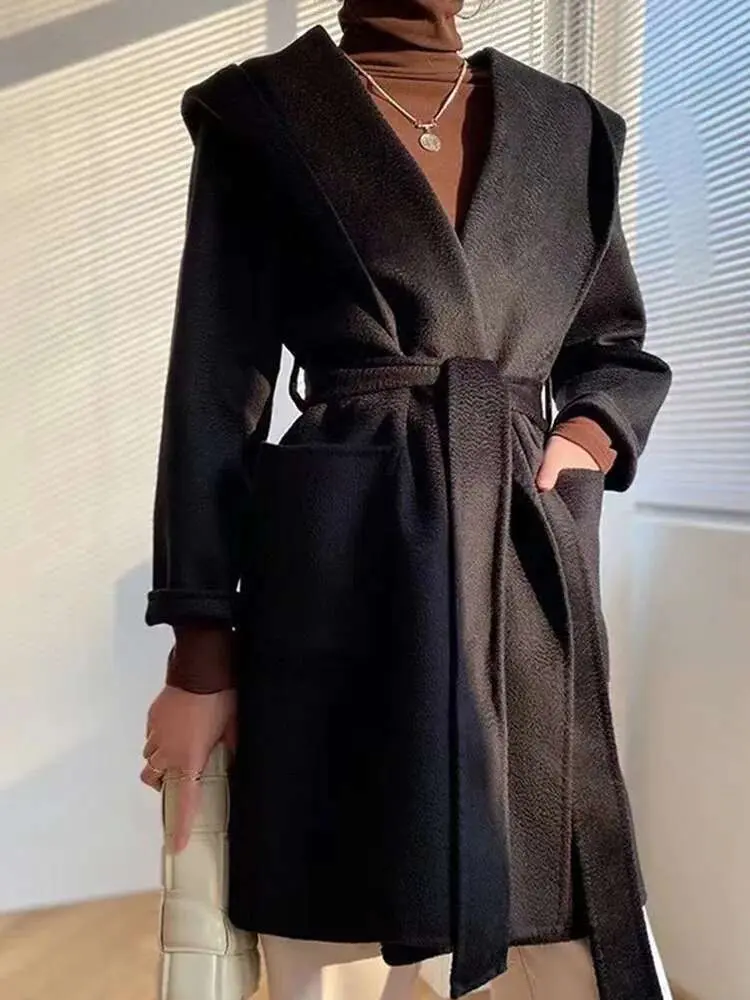 LANMREM Double-sided Woolen Coat Wool Loose Hooded Coats With Belt Female Fashion 2025 Spring Winter New Warm Clothing 2R4922
