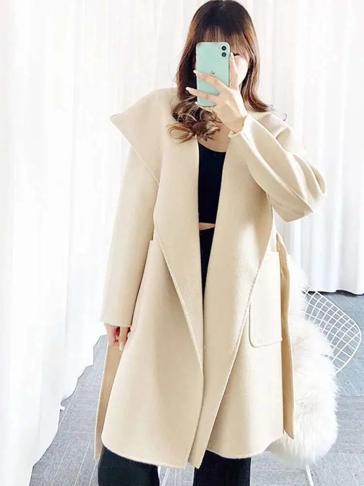 LANMREM Double-sided Woolen Coat Wool Loose Hooded Coats With Belt Female Fashion 2025 Spring Winter New Warm Clothing 2R4922