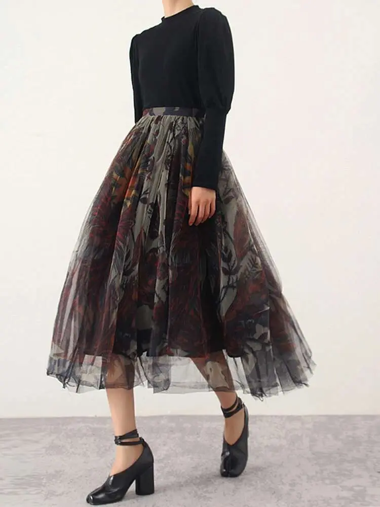 LANMREM Gauze Skirts For Women High Waist Printing Color Luxury Retro Style Ladies Wedding Clothing 2025 Spring Summer 2DA1073