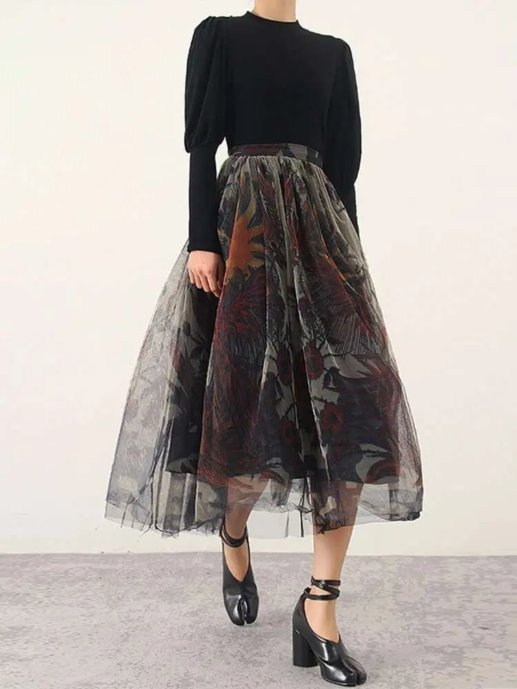 LANMREM Gauze Skirts For Women High Waist Printing Color Luxury Retro Style Ladies Wedding Clothing 2025 Spring Summer 2DA1073