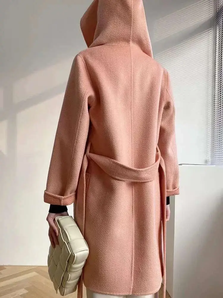 LANMREM Double-sided Woolen Coat Wool Loose Hooded Coats With Belt Female Fashion 2025 Spring Winter New Warm Clothing 2R4922