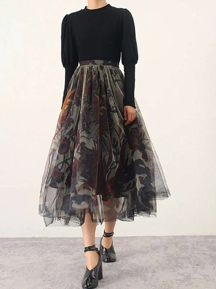 LANMREM Gauze Skirts For Women High Waist Printing Color Luxury Retro Style Ladies Wedding Clothing 2025 Spring Summer 2DA1073