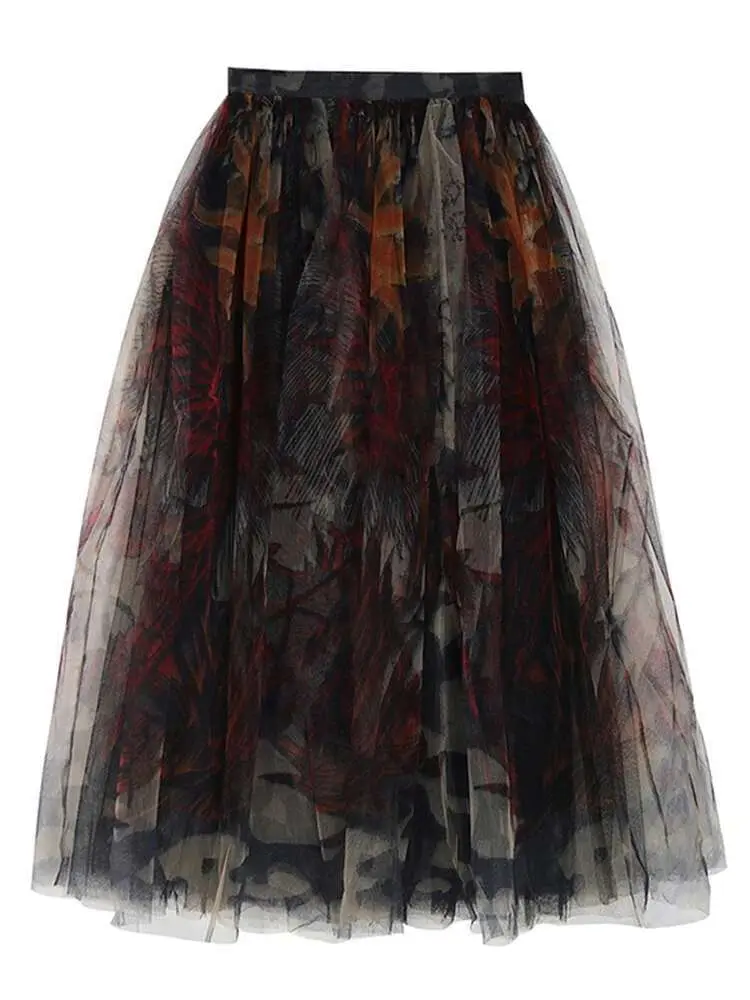 LANMREM Gauze Skirts For Women High Waist Printing Color Luxury Retro Style Ladies Wedding Clothing 2025 Spring Summer 2DA1073