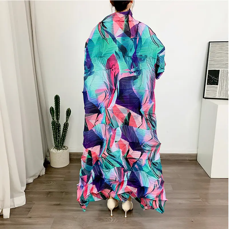 LANMREM Turtleneck Pleated Dress Women's Print Stitching Color Loose Maxi Dresses Female Party Clothing 2024 Spring New 2DA1143