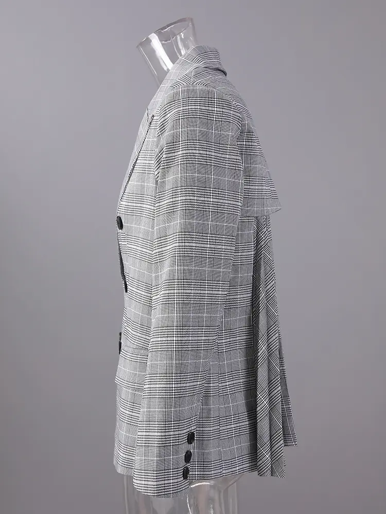 LANMREM Vintage Plaid Printting Doudble Breasted Grey Suit Coat Women's 2025 New Loose Chic Long Sleeve Blazer Coat 2025 3WM2547