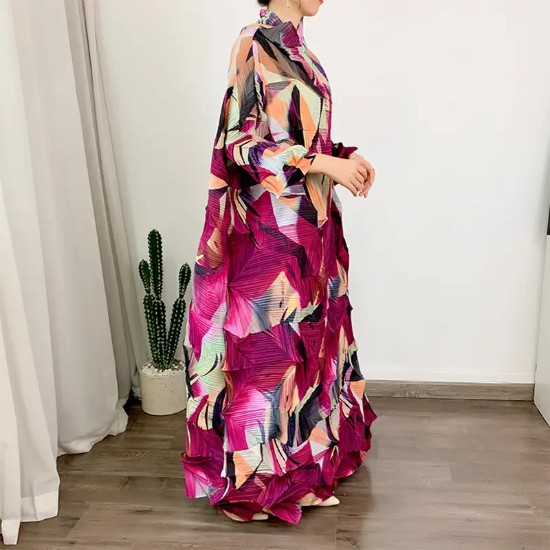LANMREM Turtleneck Pleated Dress Women's Print Stitching Color Loose Maxi Dresses Female Party Clothing 2024 Spring New 2DA1143