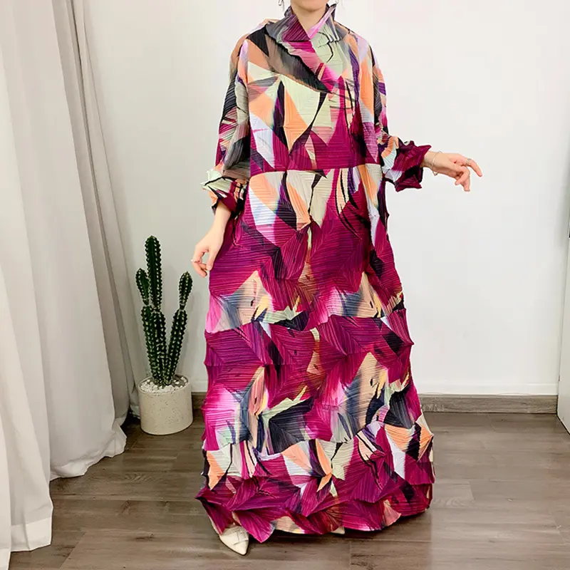 LANMREM Turtleneck Pleated Dress Women's Print Stitching Color Loose Maxi Dresses Female Party Clothing 2024 Spring New 2DA1143