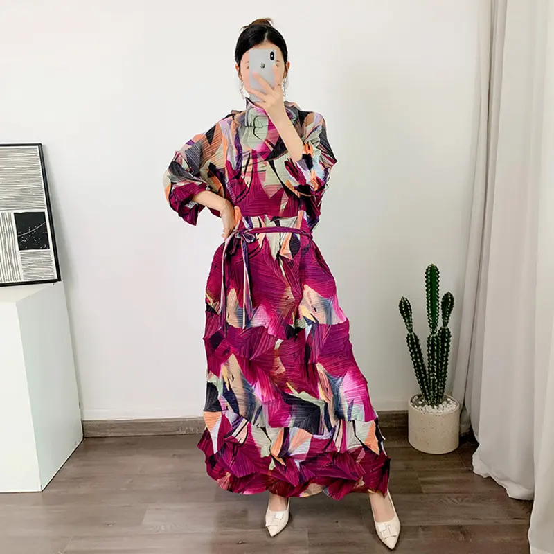LANMREM Turtleneck Pleated Dress Women's Print Stitching Color Loose Maxi Dresses Female Party Clothing 2024 Spring New 2DA1143