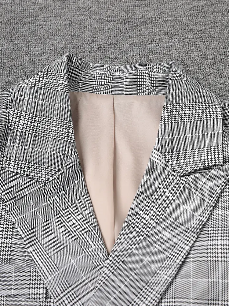 LANMREM Vintage Plaid Printting Doudble Breasted Grey Suit Coat Women's 2025 New Loose Chic Long Sleeve Blazer Coat 2025 3WM2547