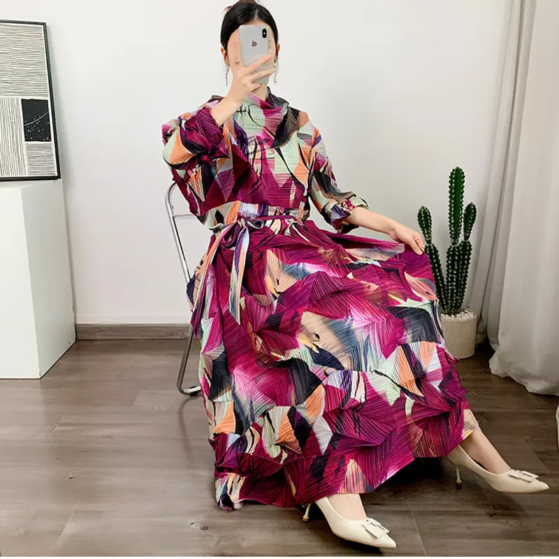 LANMREM Turtleneck Pleated Dress Women's Print Stitching Color Loose Maxi Dresses Female Party Clothing 2024 Spring New 2DA1143