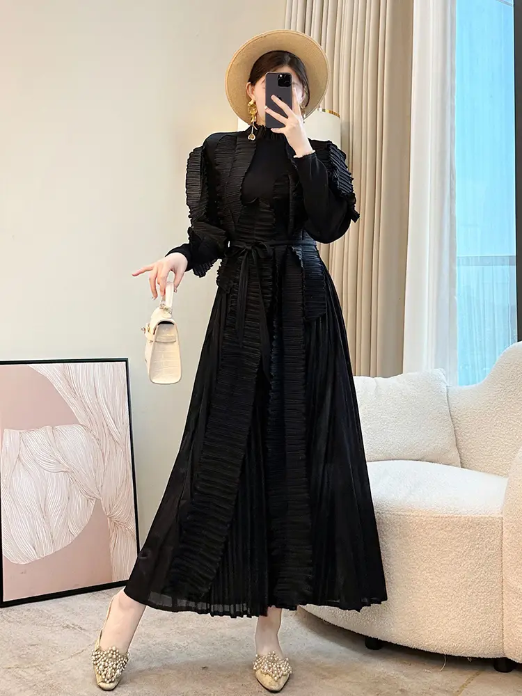 LANMREM Irregular Patchwork Design Pleated Dress Women's 2025 New Loose Causal Bandage Stand Collar Long Sleeve Dresses  2DB2653