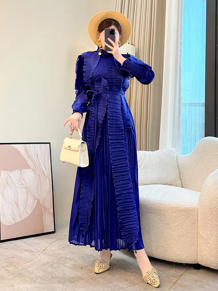 LANMREM Irregular Patchwork Design Pleated Dress Women's 2025 New Loose Causal Bandage Stand Collar Long Sleeve Dresses  2DB2653