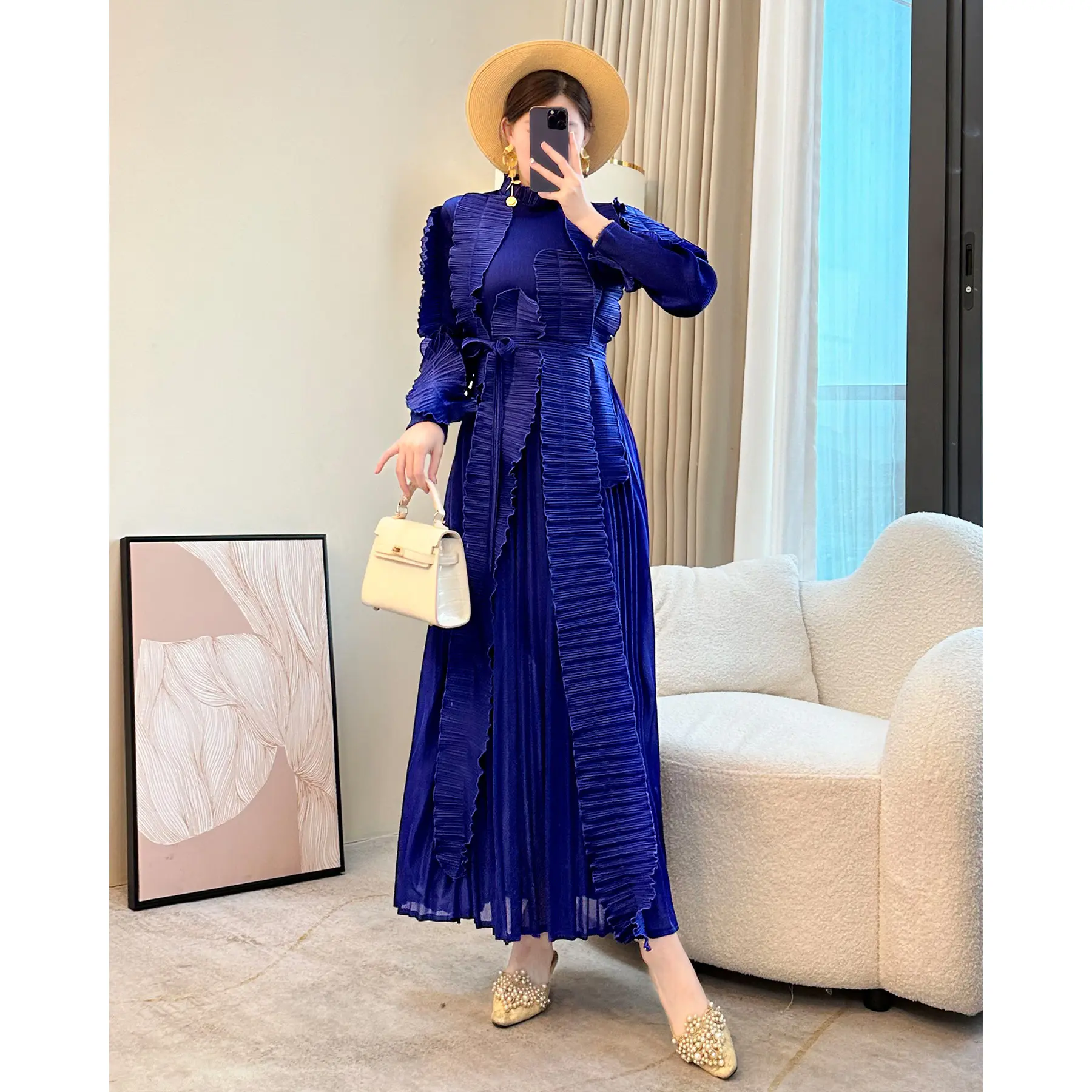 LANMREM Irregular Patchwork Design Pleated Dress Women's 2025 New Loose Causal Bandage Stand Collar Long Sleeve Dresses  2DB2653