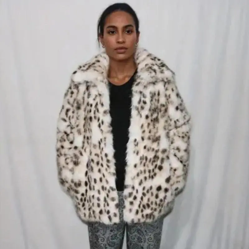 LANMREM Women's Leopard Print Faux Fur Coat High Quality Lapel Mid-Length Jackets Winter Thick Casual Warm Party Outfit 2DB4118