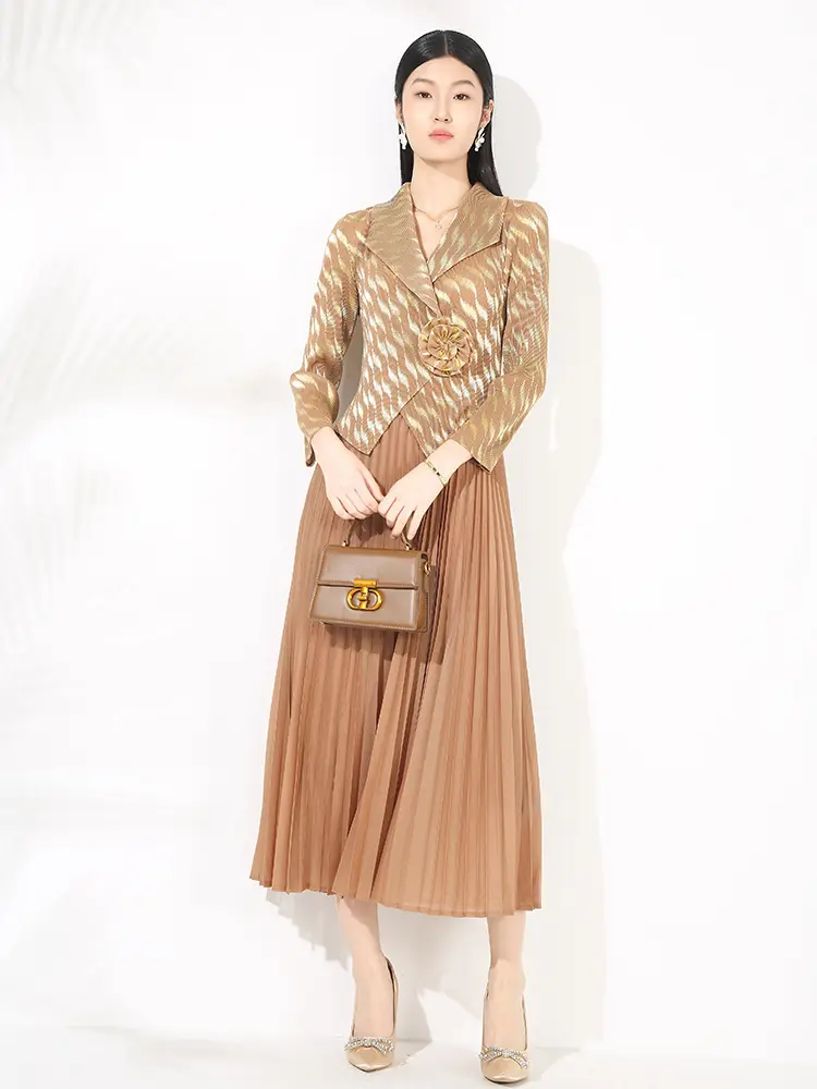 LANMREM Fake Two Pieces Chic Pleasted Women's Dress Notched Collar Gold Foil Print Design Elastic Wrist Sleeve Dresses 2DB2893