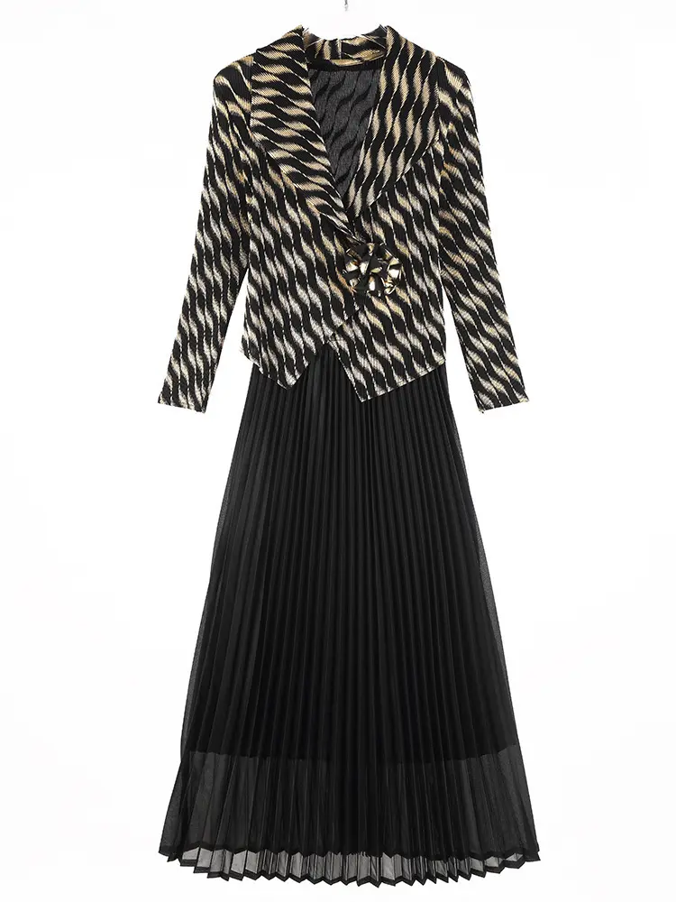 LANMREM Fake Two Pieces Chic Pleasted Women's Dress Notched Collar Gold Foil Print Design Elastic Wrist Sleeve Dresses 2DB2893