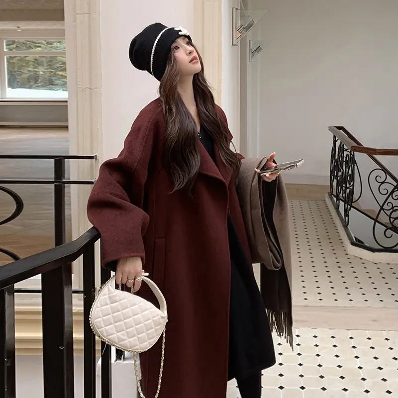 LANMREM Angora Red Loose Women's Woolen Coat Autumn Winter New High-End Chic Single Button Design Bandage Long Clothing 2DB3672