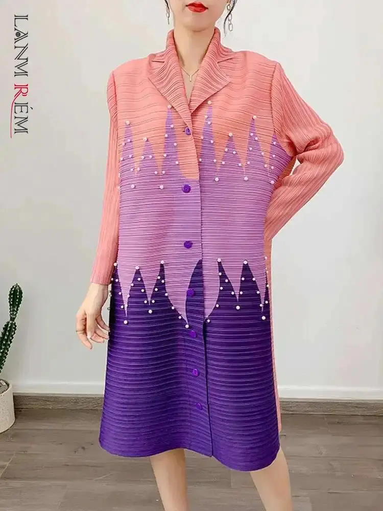 LANMREM Designer Bead Pleated Dress For Women Laple Single Breasted Long Sleeves Patchwork Dresses Female 2025 New 2YA1359