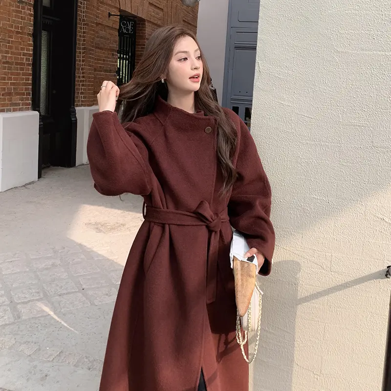 LANMREM Angora Red Loose Women's Woolen Coat Autumn Winter New High-End Chic Single Button Design Bandage Long Clothing 2DB3672