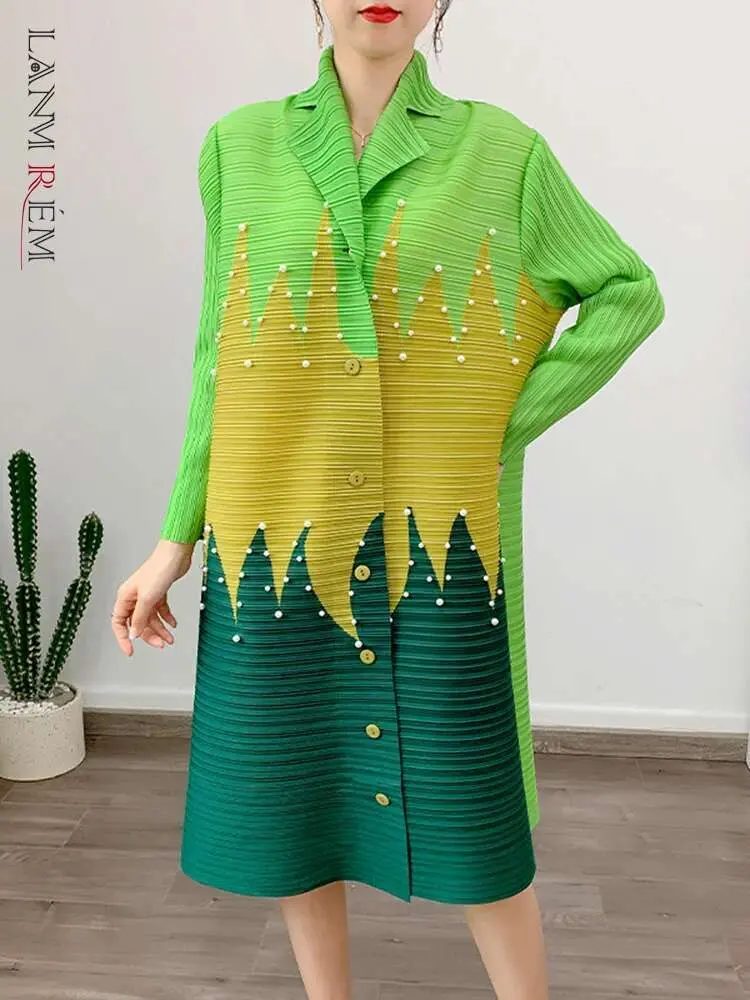 LANMREM Designer Bead Pleated Dress For Women Laple Single Breasted Long Sleeves Patchwork Dresses Female 2025 New 2YA1359