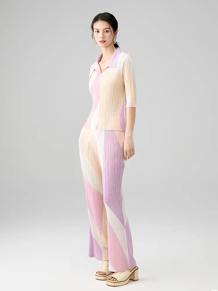 LANMREM Summer 2025 New Chic Pleated Pants Sets For Women Laple Pullover Tops And Straight Casual Pants Two Pieset Set 2DB2664