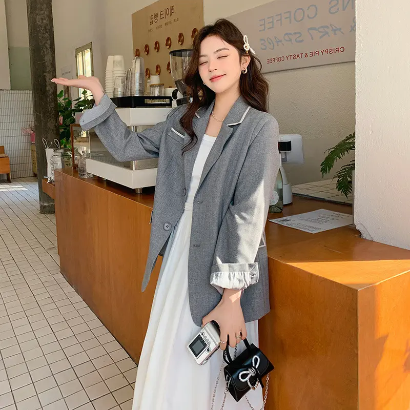 LANMREM Gray Korean Style Casual Women's Blazer Colorblock Spliced Design Signle Breasted Suit Coat Chic Famale Clothing 2DB3650