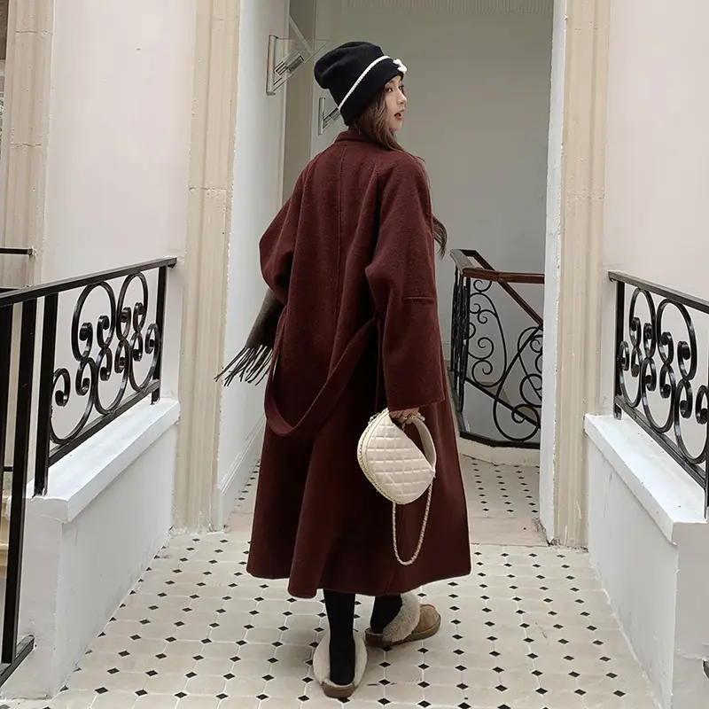 LANMREM Angora Red Loose Women's Woolen Coat Autumn Winter New High-End Chic Single Button Design Bandage Long Clothing 2DB3672