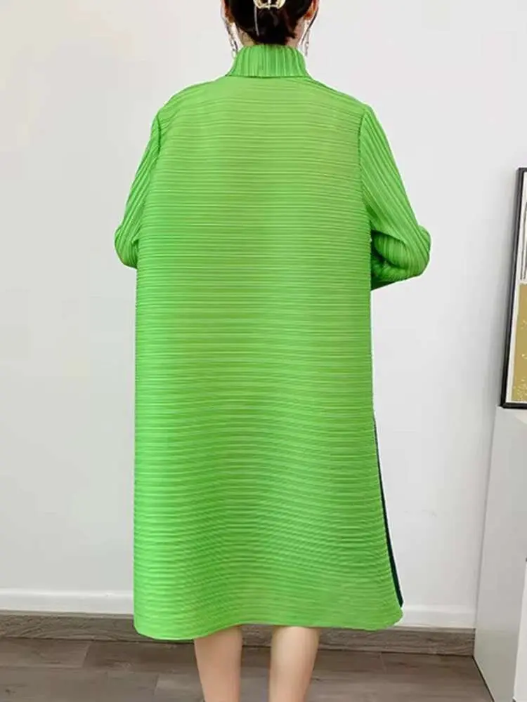 LANMREM Designer Bead Pleated Dress For Women Laple Single Breasted Long Sleeves Patchwork Dresses Female 2025 New 2YA1359