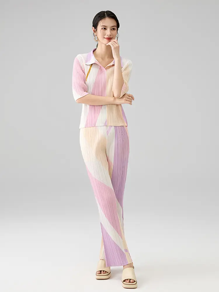 LANMREM Summer 2025 New Chic Pleated Pants Sets For Women Laple Pullover Tops And Straight Casual Pants Two Pieset Set 2DB2664