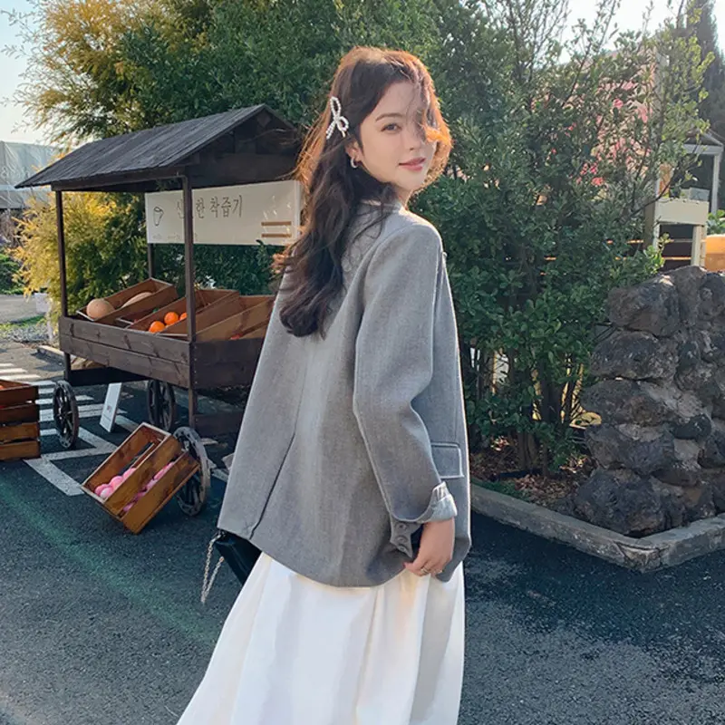LANMREM Gray Korean Style Casual Women's Blazer Colorblock Spliced Design Signle Breasted Suit Coat Chic Famale Clothing 2DB3650