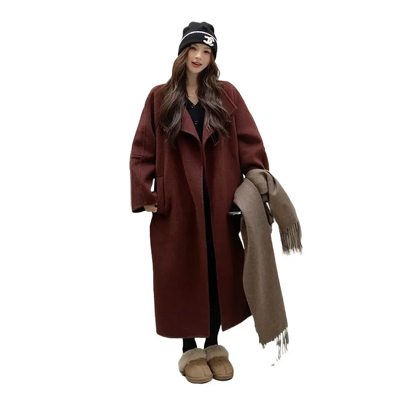 LANMREM Angora Red Loose Women's Woolen Coat Autumn Winter New High-End Chic Single Button Design Bandage Long Clothing 2DB3672