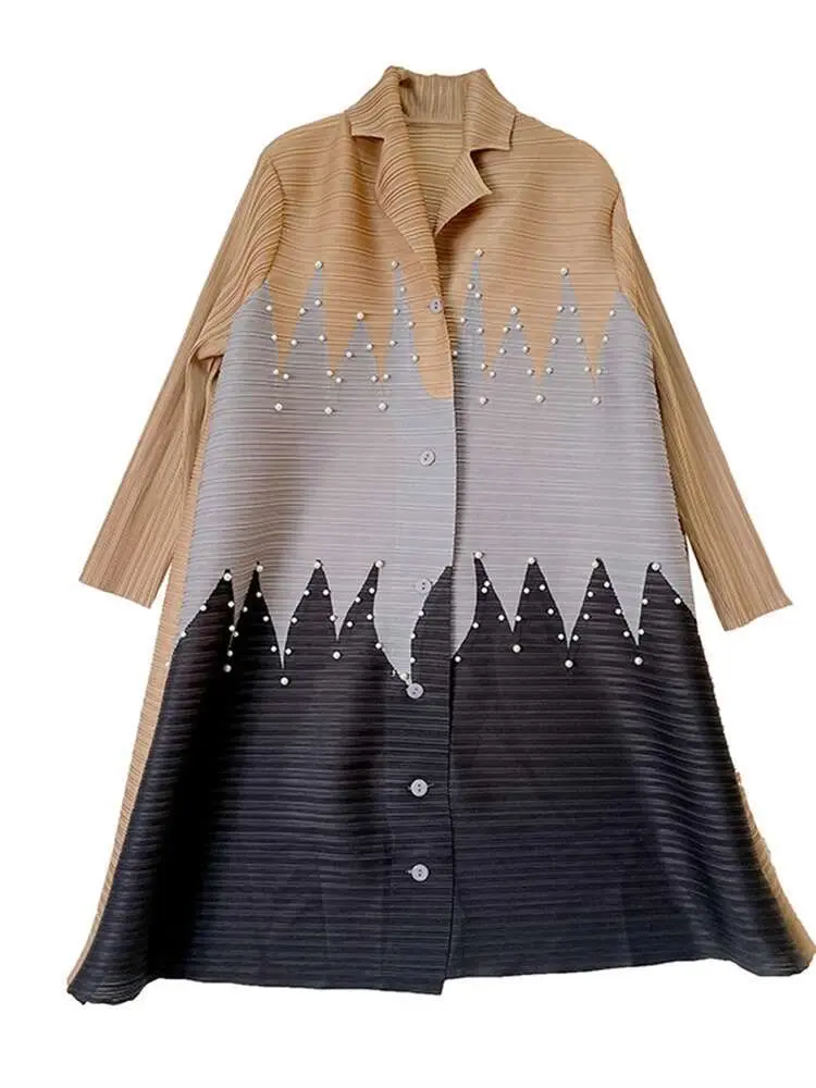 LANMREM Designer Bead Pleated Dress For Women Laple Single Breasted Long Sleeves Patchwork Dresses Female 2025 New 2YA1359