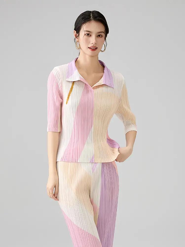 LANMREM Summer 2025 New Chic Pleated Pants Sets For Women Laple Pullover Tops And Straight Casual Pants Two Pieset Set 2DB2664