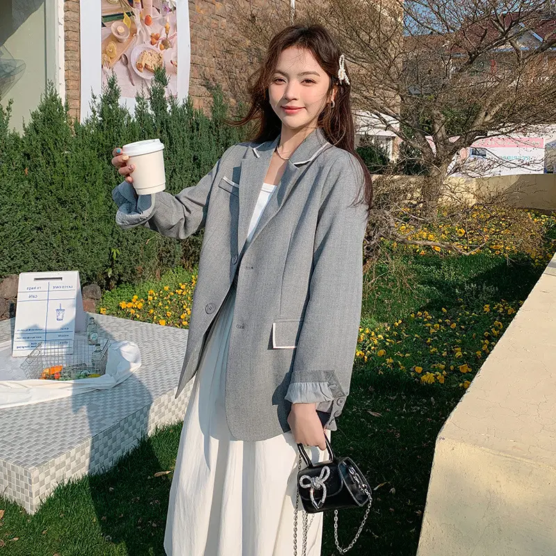 LANMREM Gray Korean Style Casual Women's Blazer Colorblock Spliced Design Signle Breasted Suit Coat Chic Famale Clothing 2DB3650