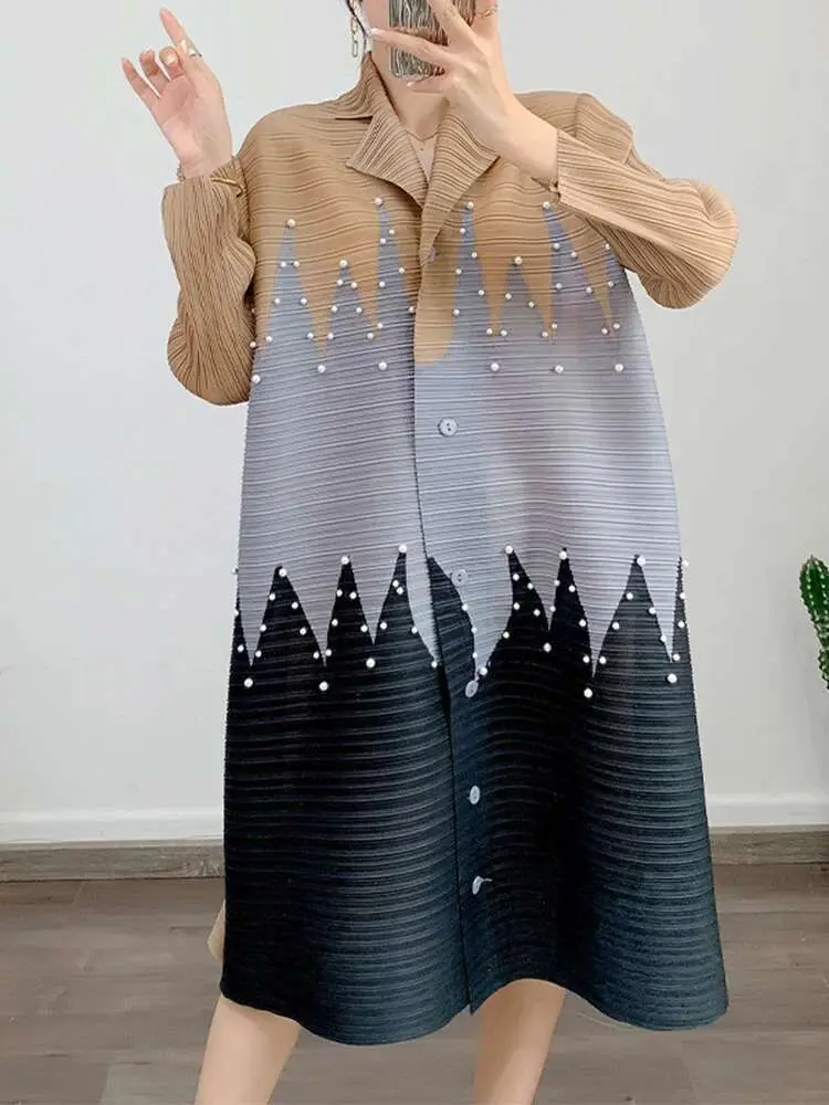 LANMREM Designer Bead Pleated Dress For Women Laple Single Breasted Long Sleeves Patchwork Dresses Female 2025 New 2YA1359