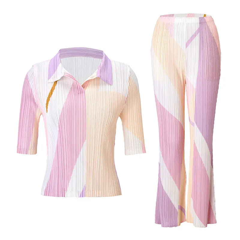 LANMREM Summer 2025 New Chic Pleated Pants Sets For Women Laple Pullover Tops And Straight Casual Pants Two Pieset Set 2DB2664