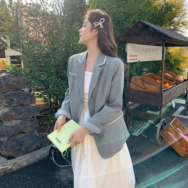LANMREM Gray Korean Style Casual Women's Blazer Colorblock Spliced Design Signle Breasted Suit Coat Chic Famale Clothing 2DB3650