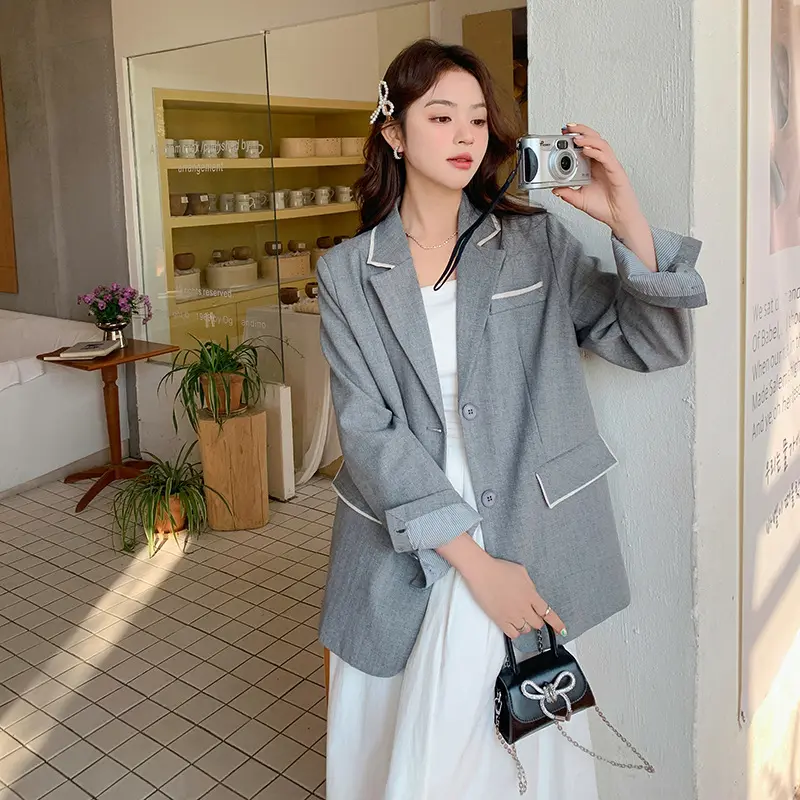 LANMREM Gray Korean Style Casual Women's Blazer Colorblock Spliced Design Signle Breasted Suit Coat Chic Famale Clothing 2DB3650