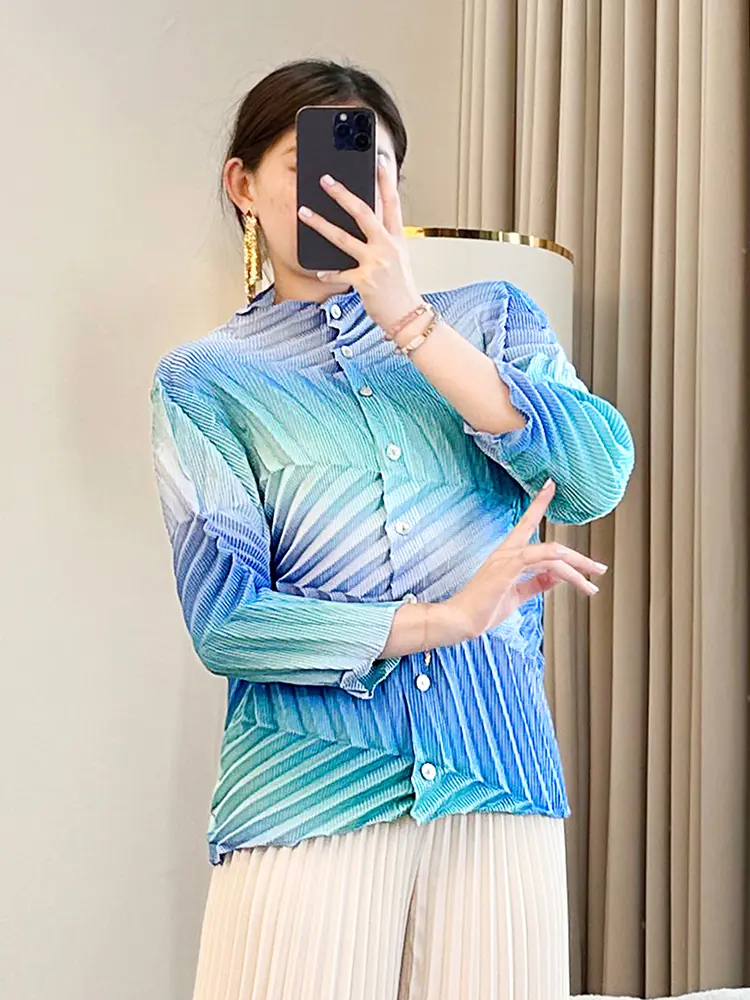 LANMREM Design Patchwork Colorblock Pleated Women's Cardigan Blouse Tops 2025 New Chic Three Quarter Sleeve Shirts Tide 2DB2978