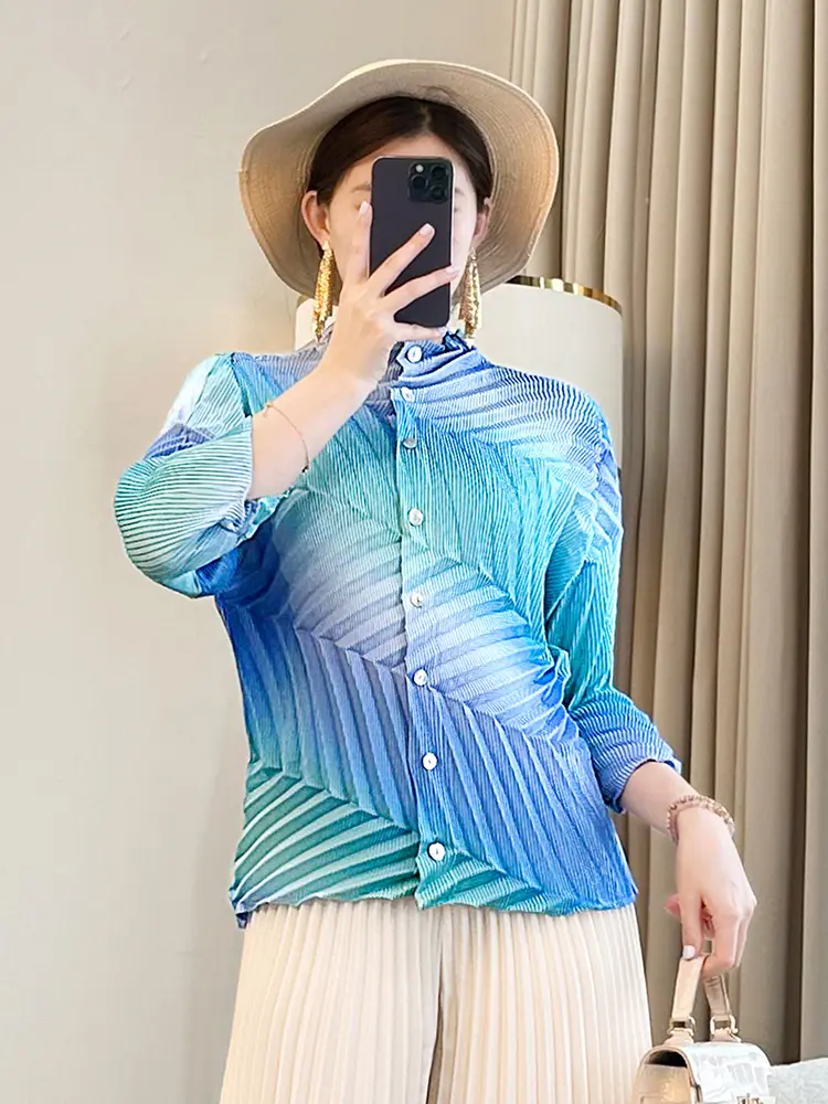 LANMREM Design Patchwork Colorblock Pleated Women's Cardigan Blouse Tops 2025 New Chic Three Quarter Sleeve Shirts Tide 2DB2978