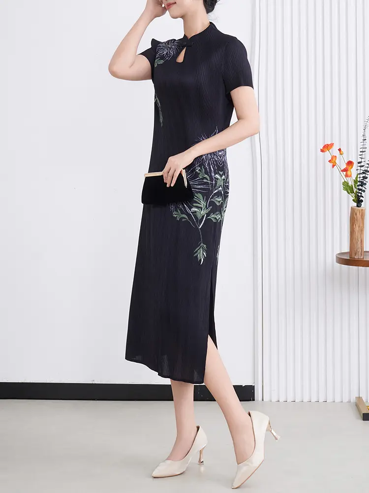LANMREM Niche Chinese Style Cheongsam Pleated Dress For Women 2025 New Summer Print Short Sleeve Black Slim Fit Dresses 2DB3233