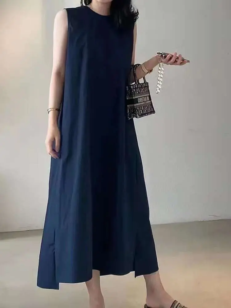 LANMREM Korean Style Loose Backless Sleeveless Suspender Dress Solid Color Maxi Dresses Women Casual Clothing 2025 Summer 2R3597