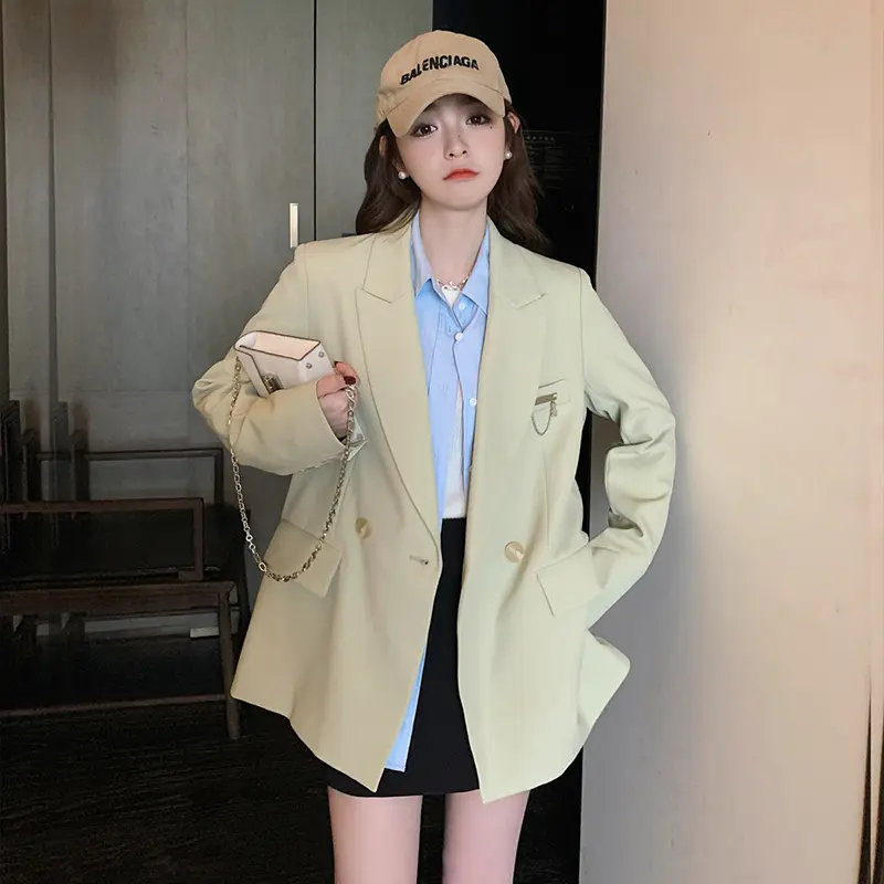 LANMREM Light Green Casual Blazer For Women Spring Autumn 2025 New Chic Design British Style Double Breasted Suit Coat 2DB3753