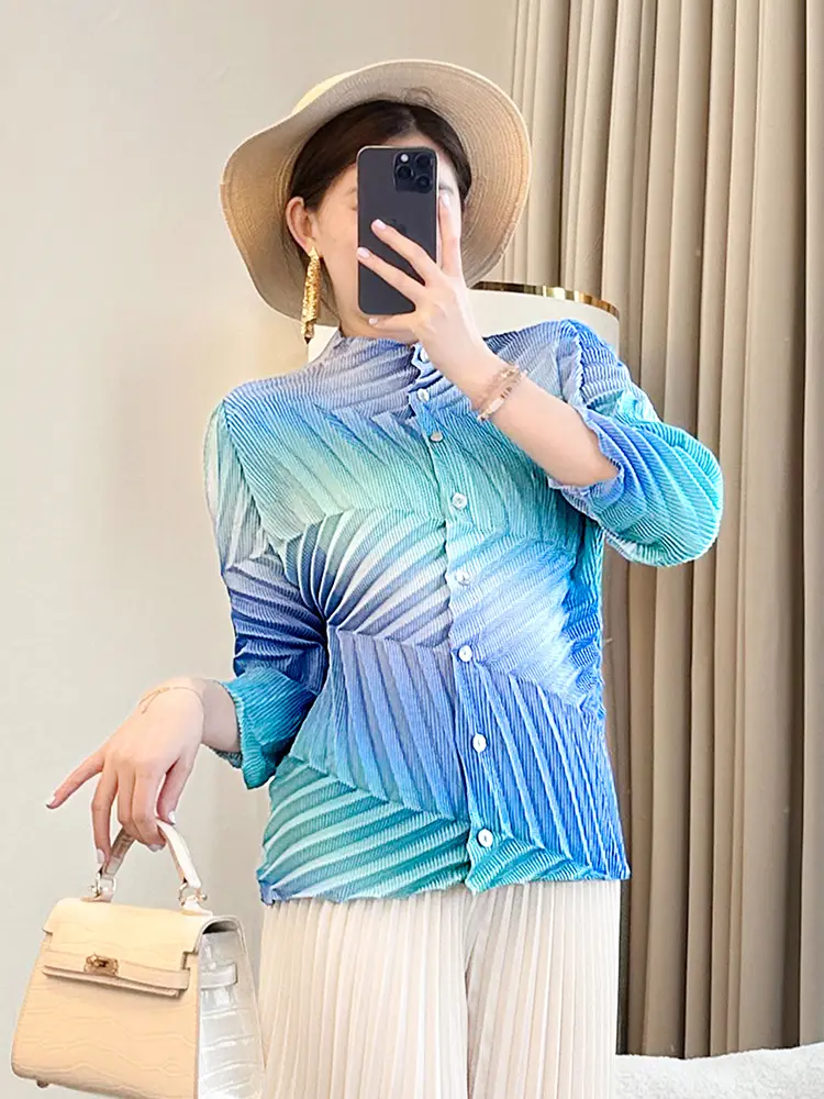 LANMREM Design Patchwork Colorblock Pleated Women's Cardigan Blouse Tops 2025 New Chic Three Quarter Sleeve Shirts Tide 2DB2978