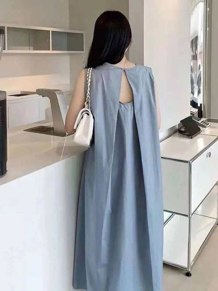 LANMREM Korean Style Loose Backless Sleeveless Suspender Dress Solid Color Maxi Dresses Women Casual Clothing 2025 Summer 2R3597