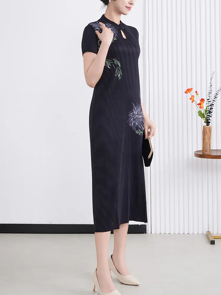 LANMREM Niche Chinese Style Cheongsam Pleated Dress For Women 2025 New Summer Print Short Sleeve Black Slim Fit Dresses 2DB3233