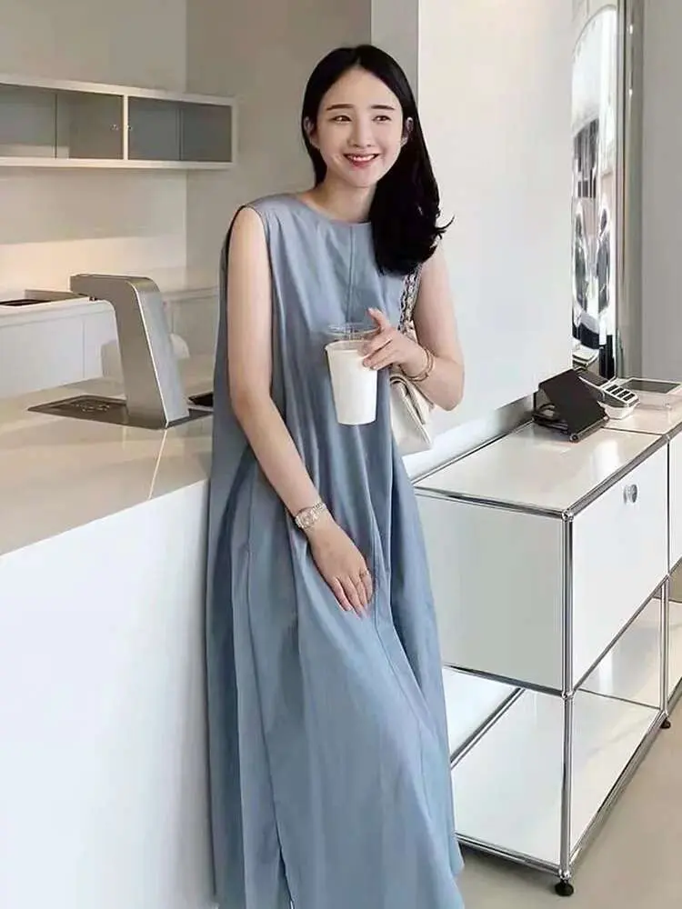 LANMREM Korean Style Loose Backless Sleeveless Suspender Dress Solid Color Maxi Dresses Women Casual Clothing 2025 Summer 2R3597